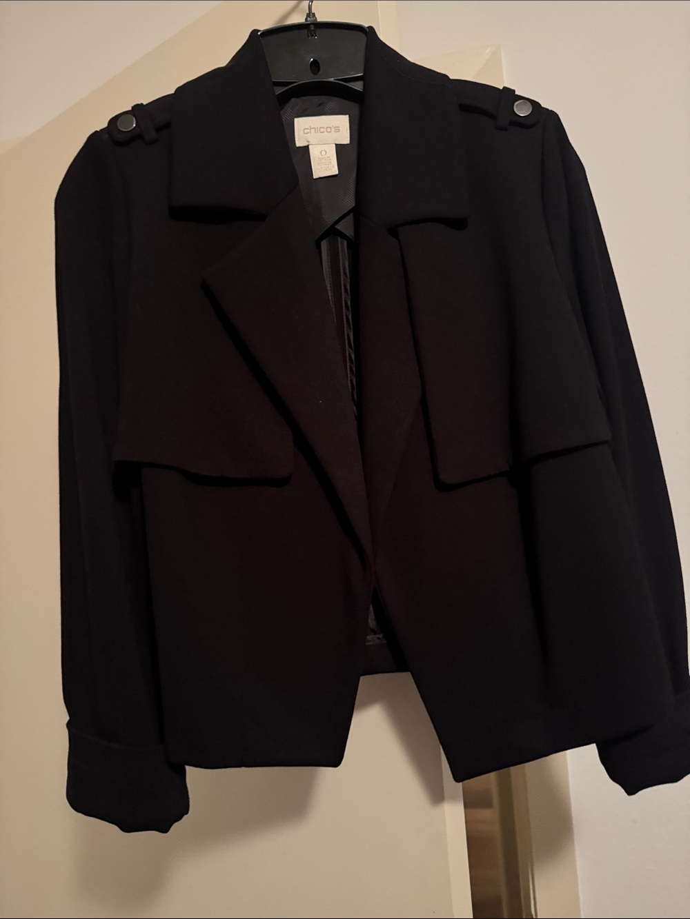 CHICO’S Black Trench Style Cropped Jacket size 0